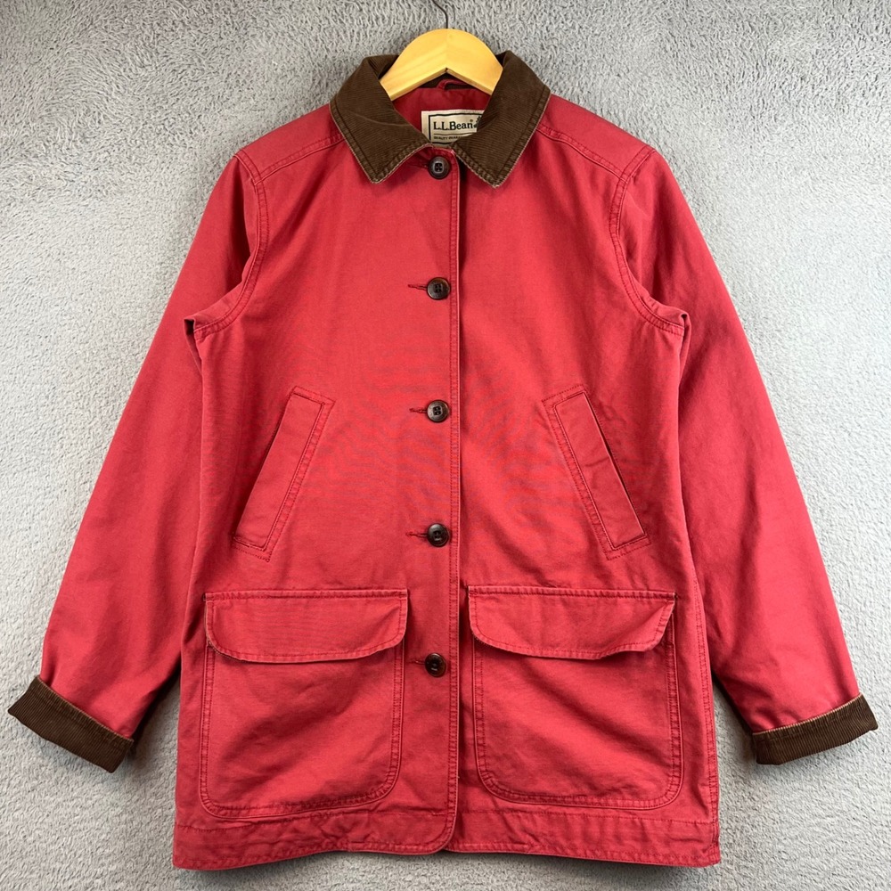 LL Bean Womens Red Cotton Canvas Barn Jacket Corduroy Collar Field Coat XS